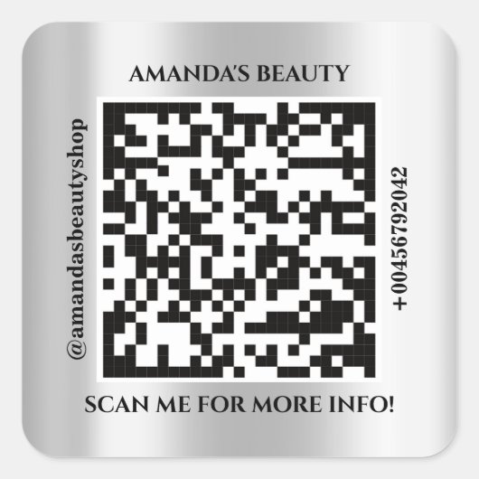 QR-Code Werbename Kontaktadresse Webadresse Grau Quadratischer Aufkleber (Vorderseite)