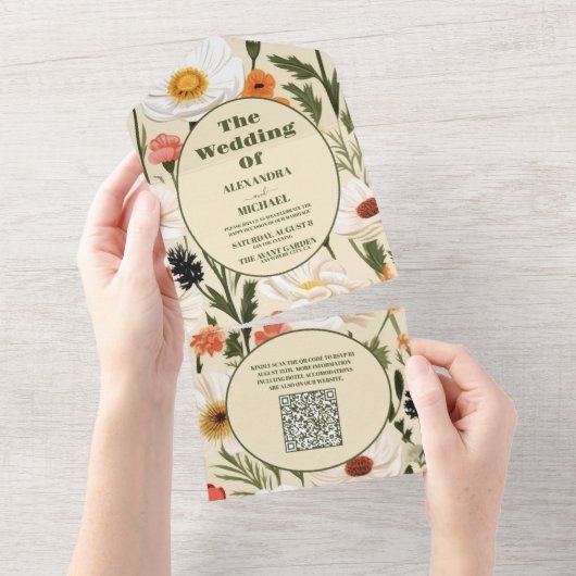 QR Code Whimsical Wildblume Meadow Wedding All In One Einladung (Abreißen)