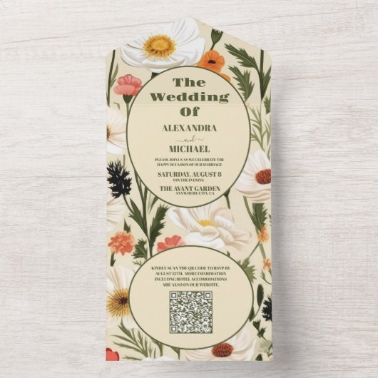 QR Code Whimsical Wildblume Meadow Wedding All In One Einladung (Innen Boden)
