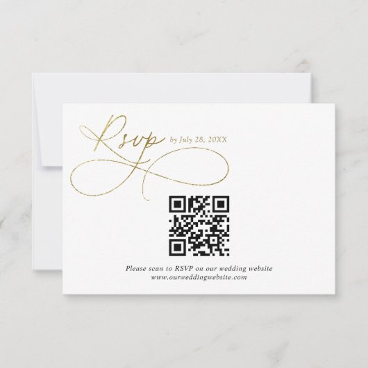 QR Code White and Gold Script Calligraphy Wedding RSVP Karte (Vorderseite)