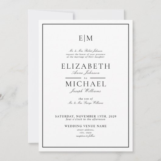 QR Code White Black Classic Monogram Wedding Einladung (Vorderseite)