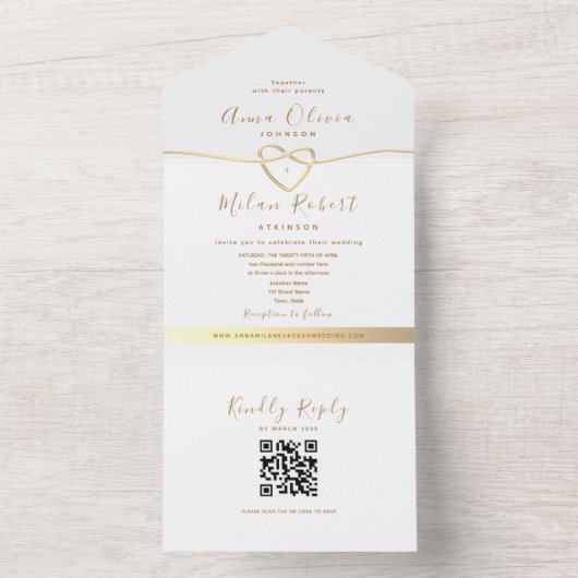 QR Code White Gold Wedding All In One Einladung (Innen Boden)
