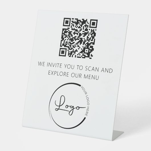 QR Code White Menu Logo Modernes Restaurant Sockelschild (Vorderseite)