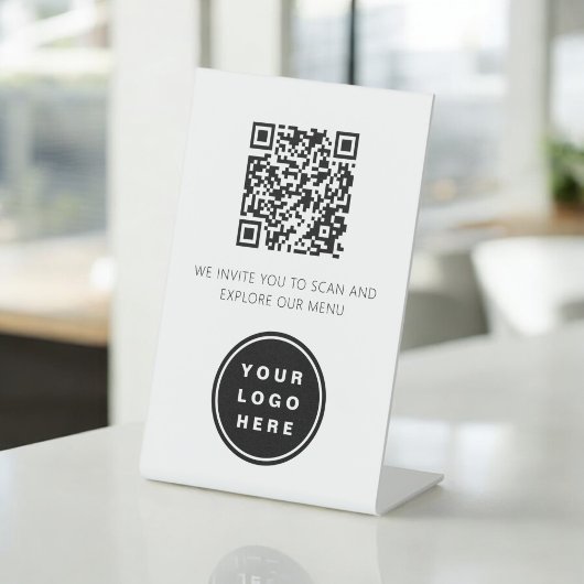 QR Code White Menu Logo Modernes Restaurant Sockelschild