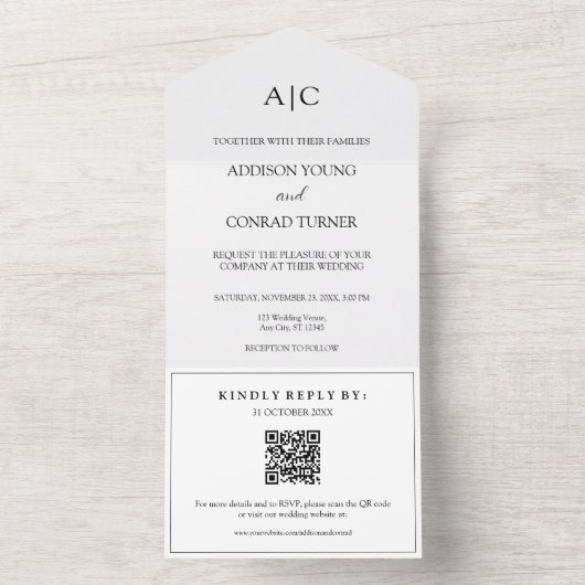 QR Code White Monogram Wedding All In One Einladung (Innen Boden)