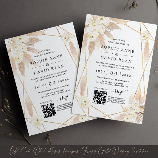 QR Code White Roses Pampas Grass Gold Hochzeit Einladung