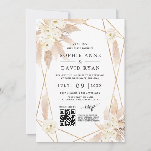 QR Code White Roses Pampas Grass Gold Hochzeit Einladung (Vorderseite)
