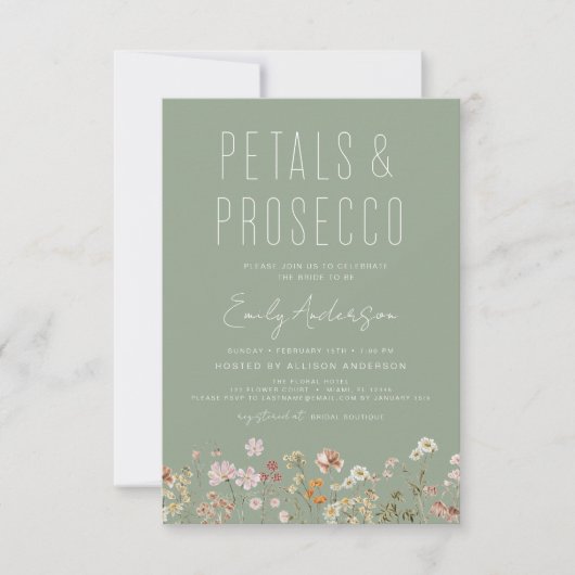 QR Code Wildblume Petals & Prosecco Sage Green Einladung (Vorderseite)