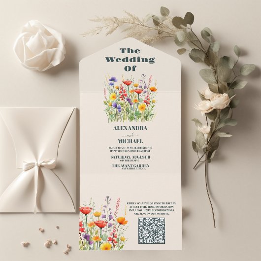 QR Code Wildblume Wedding Boho Country Floral All In One Einladung