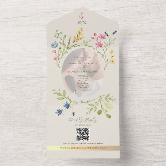 QR Code Wildflower Photo Wedding All In One Einladung (Innen Boden)