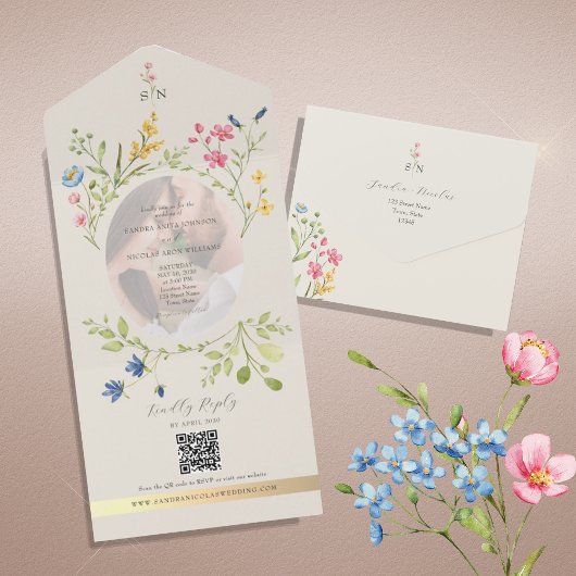 QR Code Wildflower Photo Wedding All In One Einladung