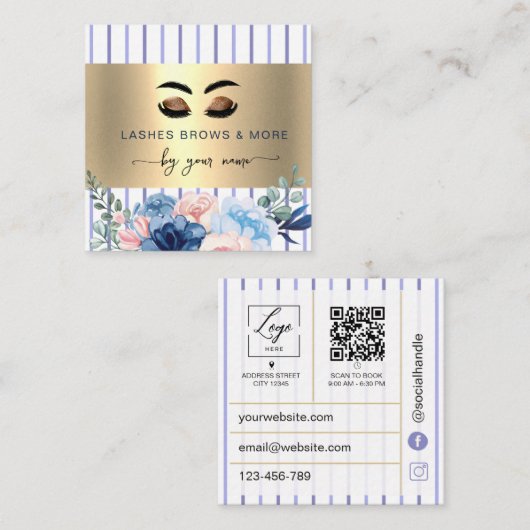 Qr Code Wimpern-Tech Florale Streifen Quadratische Visitenkarte (Vorne/Hinten)