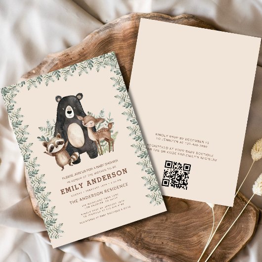 QR Code Woodland Forest Animals Baby Shower Einladung