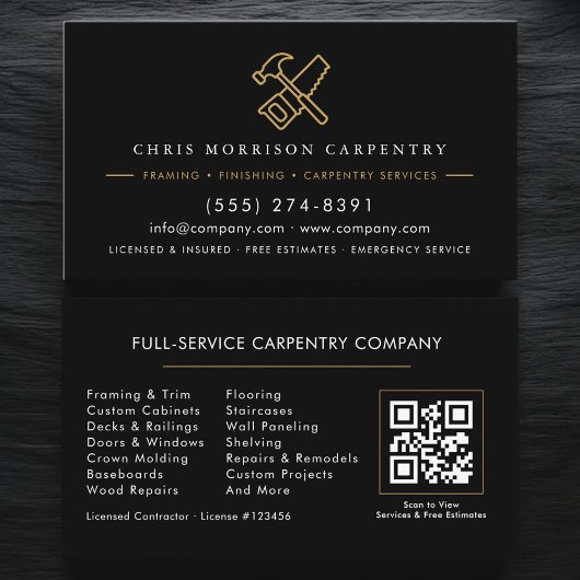 QR Code Woodworking Carpentry Hammer Saw Visitenkarte
