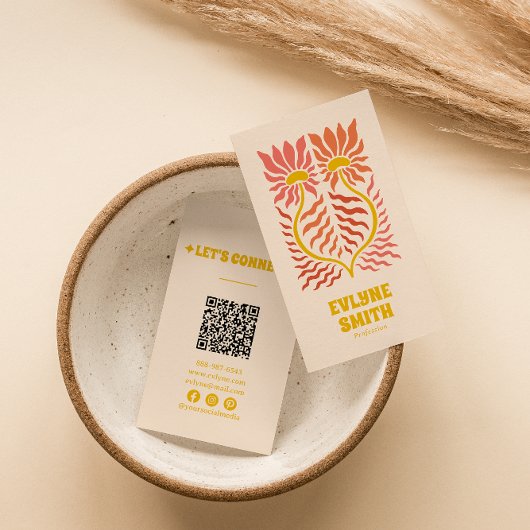 QR Code Yellow Groovy Floral Terracotta Boho Visitenkarte