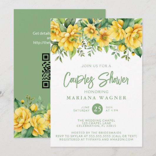 QR-Code Yellow Sage Florale Paar-Shower Einladung (Vorne/Hinten)