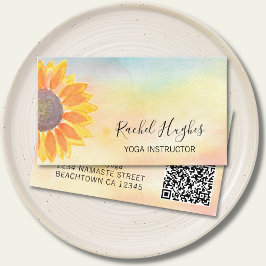 QR Code Yoga Instructor Sunflower Watercolor Visitenkarte