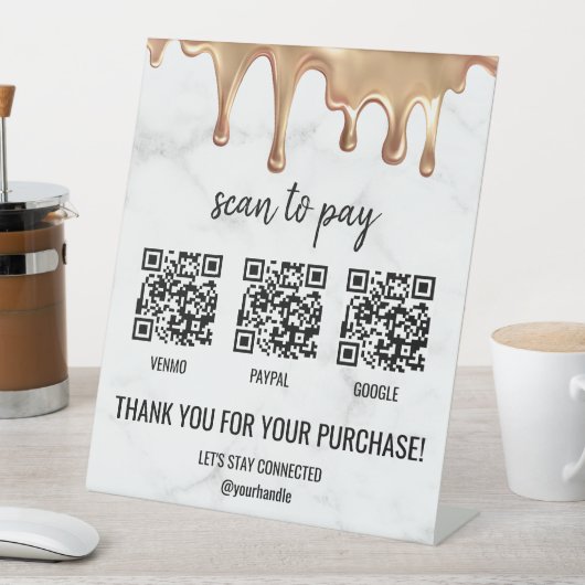 QR Code Zahlung Cashapp Paypal White Marble Gold Sockelschild (In Situ)