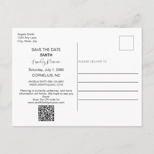 QR-Codefamilie Tree Fall Wiedersehen Save the Date Einladungspostkarte (Rückseite)