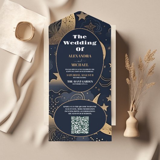 QR CodeMidnight Blue Gold Celestial Wedding All In One Einladung