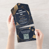 QR CodeMidnight Blue Gold Celestial Wedding All In One Einladung (Abreißen)