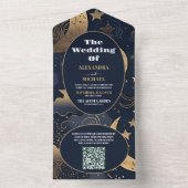 QR CodeMidnight Blue Gold Celestial Wedding All In One Einladung (Innen Boden)