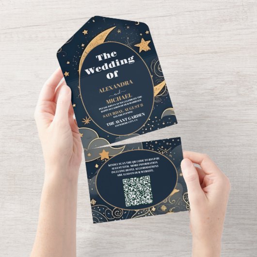 QR CodeMidnight Blue Gold Celestial Wedding All In One Einladung (Abreißen)