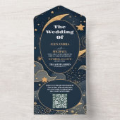QR CodeMidnight Blue Gold Celestial Wedding All In One Einladung (Innen Boden)