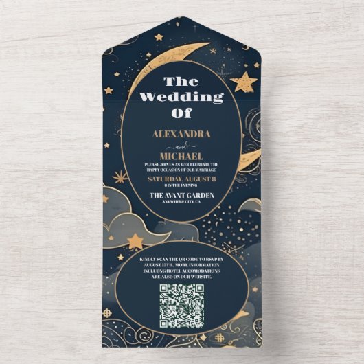 QR CodeMidnight Blue Gold Celestial Wedding All In One Einladung (Innen Boden)