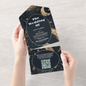 QR CodeMidnight Blue Gold Celestial Wedding All In One Einladung (Abreißen)