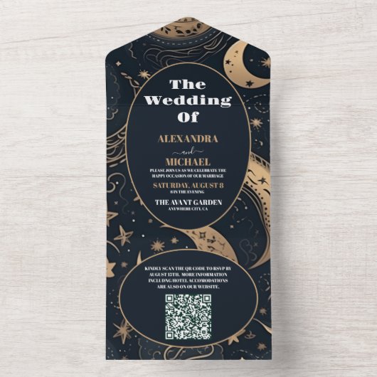 QR CodeMidnight Blue Gold Celestial Wedding All In One Einladung (Innen Boden)