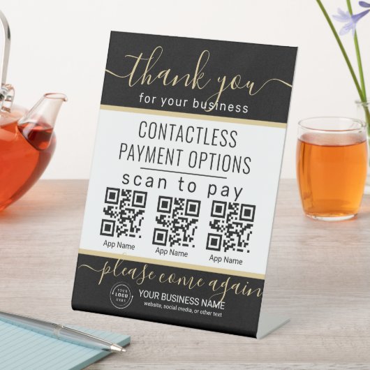 QR Codes Upload & Logo 3 Bezahlung Apps Gold & Sch Sockelschild (In Situ)