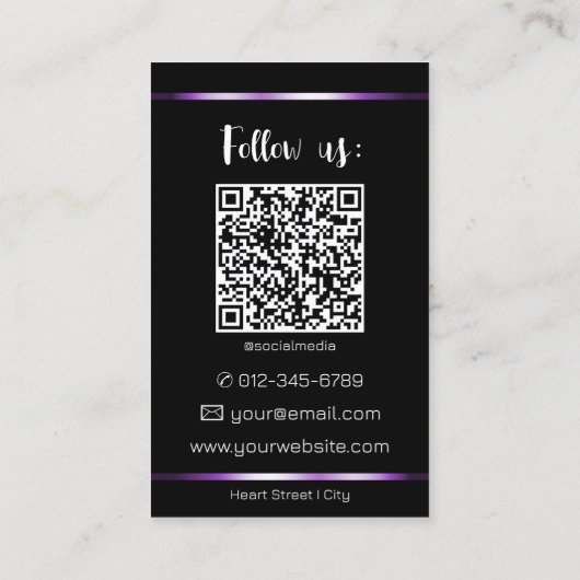 QR-Codevorlage für elegante schwarze Lila Zeilen i Visitenkarte (Rückseite)