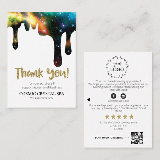 *~* QR COSMIC TROPFEN DANK IHNEN LOGO Review AP8 Begleitkarte (Vorne/Hinten)