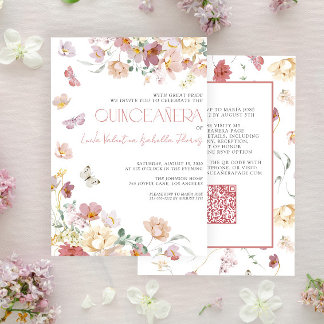 QR Elegant Blush Pink Floral Butterfly Quinceañera Einladung