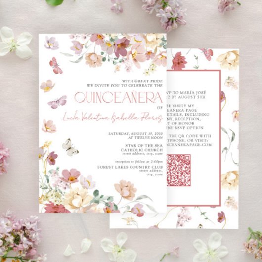 QR Elegant Blush Pink Floral Butterfly Quinceañera Einladung