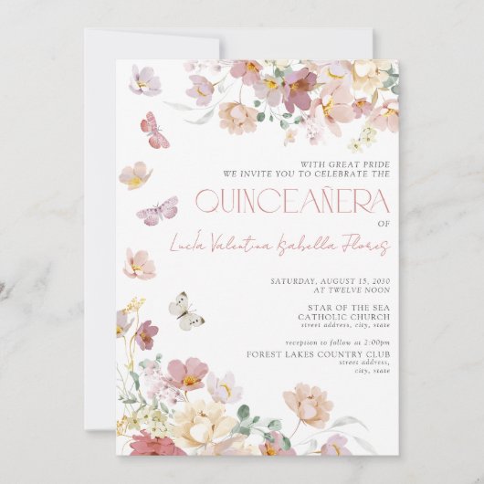 QR Elegant Blush Pink Floral Butterfly Quinceañera Einladung (Vorderseite)