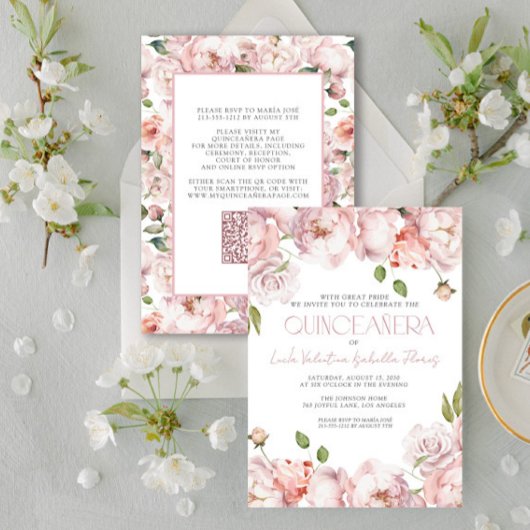 QR Elegant Blush Pink Floral Quinceanera Einladung