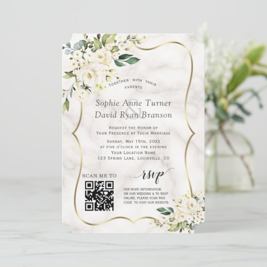 QR Elegante White Blume Goldmarmorhochzeit Einladung (Stehend Vorderseite)