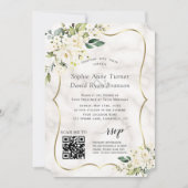 QR Elegante White Blume Goldmarmorhochzeit Einladung (Vorderseite)
