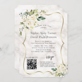 QR Elegante White Blume Goldmarmorhochzeit Einladung (Vorne/Hinten)