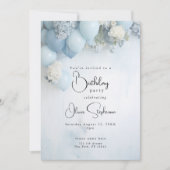 QR Festive Dusty Blue Weiße Blume und Balloons Einladung (Vorderseite)