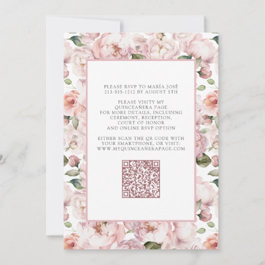 QR Formal Elegant Blush Pink Floral Quinceanera Einladung (Rückseite)