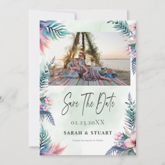 QR-Foto für tropische Palmen Save the Date Einladung (Vorderseite)