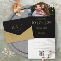 QR-Foto-Hochzeitdatum für Schwarz-Gold-Monogramm