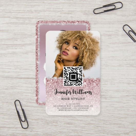 QR-Foto | Rose Gold Glitzer Diamond Loyalty Visitenkarte (Vorderseite/Rückseite Beispiel)