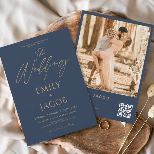 QR-Foto-Skript für Hochzeiten von Navy Blue Einladung