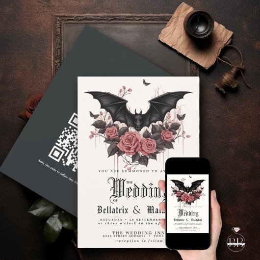 QR Goth Rosewood Rose Black Bat Bouquet Einladung