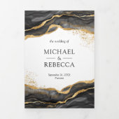 QR-Hochzeit für Abstrakte Schwarz-Gold-Tinte Dreifach Gefaltete Einladung (Cover)