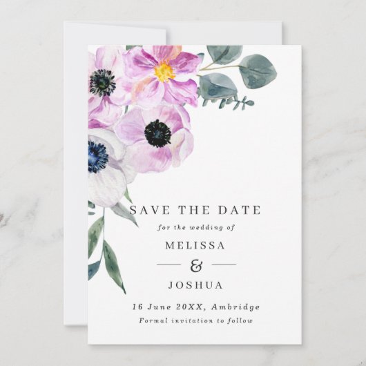QR-Hochzeit für lila und weiße Anemonen Save The Date (Vorderseite)